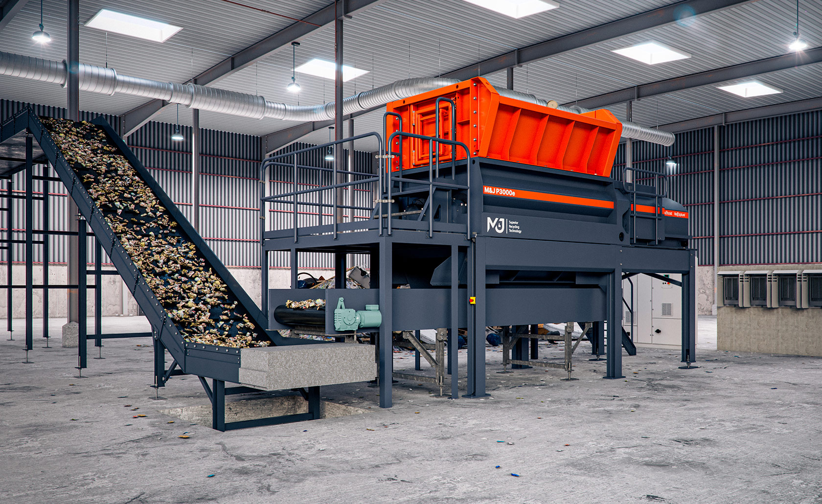 MJ_P3000e_electric_pre-shredder_with_conveyor